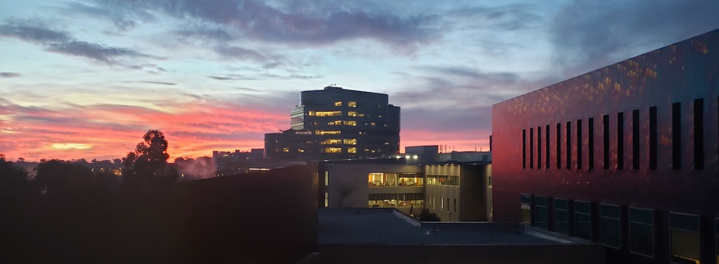 Moores Cancer Center at dusk